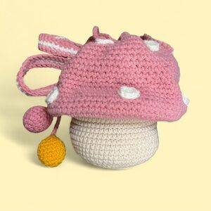Pink Crochet Mushroom Crossbody Bag with Drawstring Handmade Cottagecore Purses